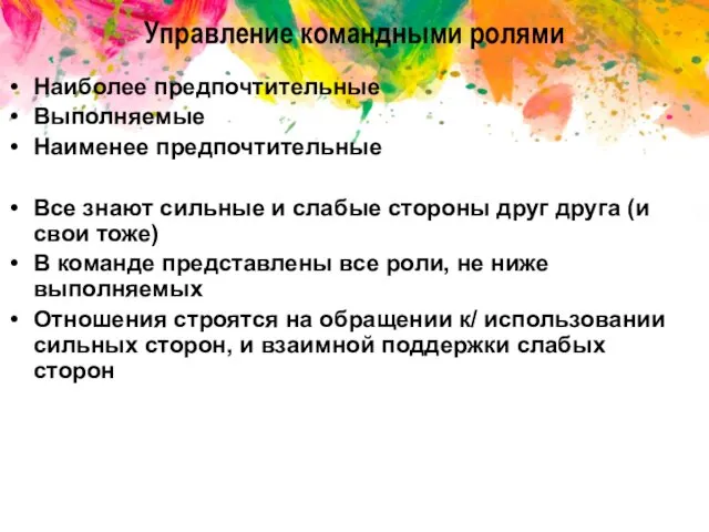 Управление командными ролями Наиболее предпочтительные Выполняемые Наименее предпочтительные Все знают сильные и слабые