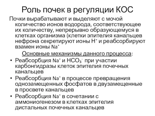 Роль почек в регуляции КОС Почки вырабатывают и выделяют с