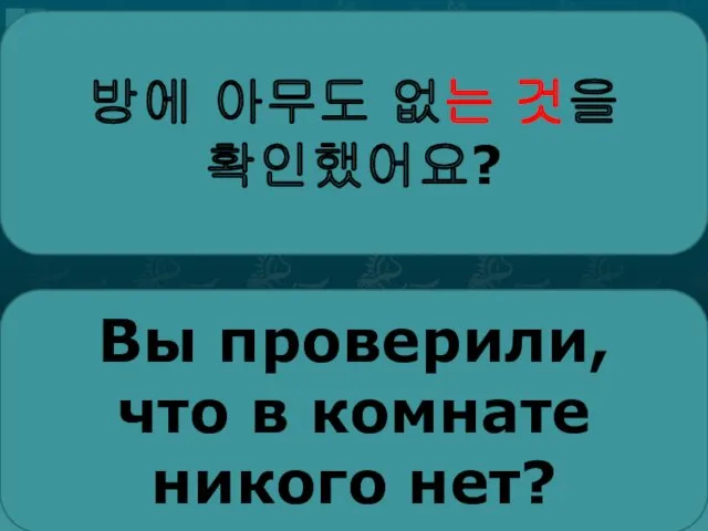 방에 아무도 없는 것을 확인했어요? Вы проверили, что в комнате никого нет?