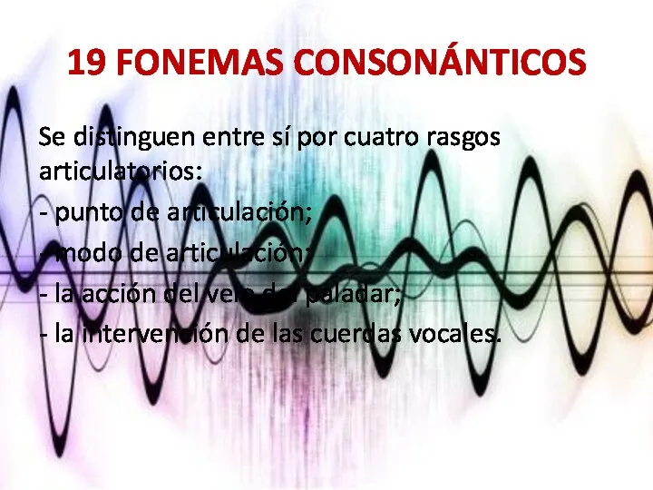 19 FONEMAS CONSONÁNTICOS Se distinguen entre sí por cuatro rasgos