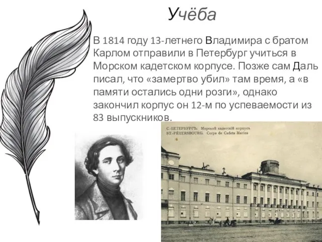 Учёба В 1814 году 13-летнего Владимира с братом Карлом отправили в Петербург учиться