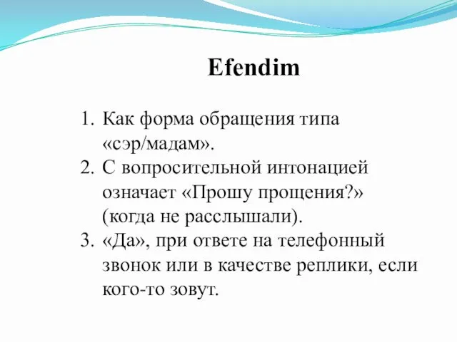 Efendim Как форма обращения типа «сэр/мадам». С вопросительной интонацией означает