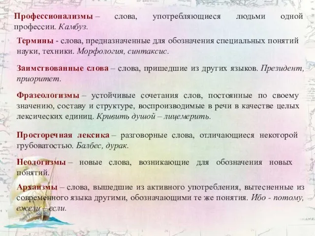 Профессионализмы – слова, употребляющиеся людьми одной профессии. Камбуз. Термины -