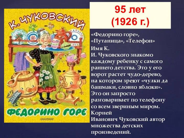 «Федорино горе», «Путаница», «Телефон» Имя К. И. Чуковского знакомо каждому