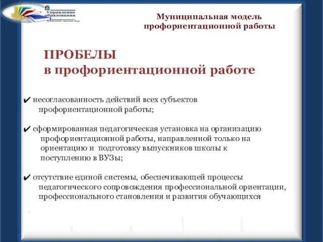 ПРОБЕЛЫ в профориентационной работе Муниципальная модель профориентационной работы несогласованность действий