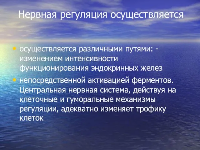 Нервная регуляция осуществляется осуществляется различными путями: - изменением интенсивности функционирования эндокринных желез непосредственной