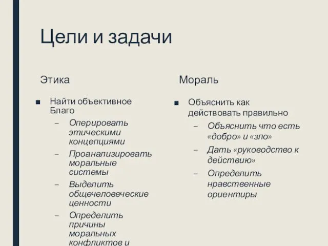 Цели и задачи Этика Найти объективное Благо Оперировать этическими концепциями