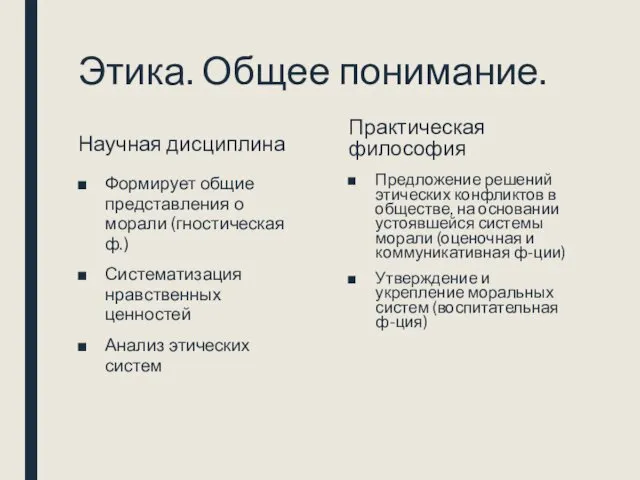 Этика. Общее понимание. Научная дисциплина Формирует общие представления о морали