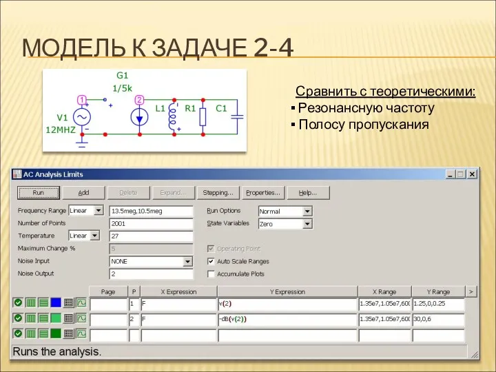 МОДЕЛЬ К ЗАДАЧЕ 2-4 Сравнить с теоретическими: Резонансную частоту Полосу пропускания