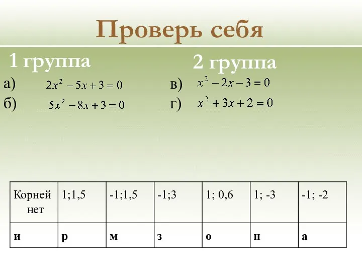 Проверь себя а) б) 1 группа 2 группа в) г)