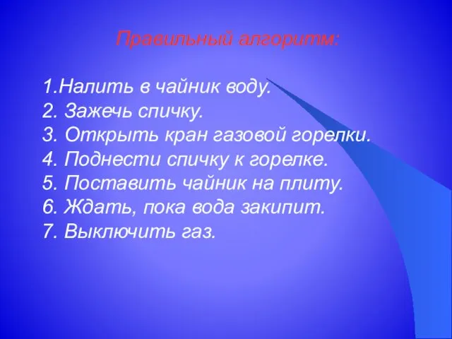 Правильный алгоритм: 1.Налить в чайник воду. 2. Зажечь спичку. 3.