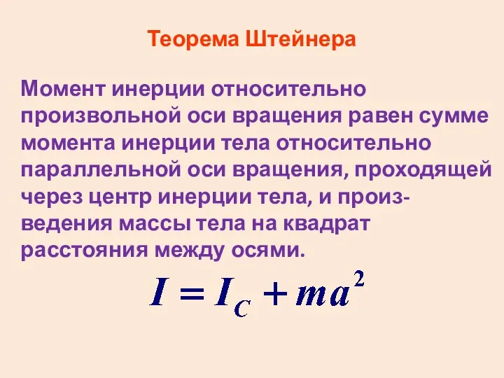 Теорема Штейнера Момент инерции относительно произвольной оси вращения равен сумме момента инерции тела