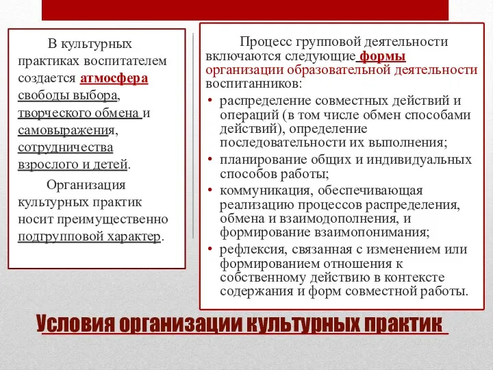 Условия организации культурных практик Процесс групповой деятельности включаются следующие формы