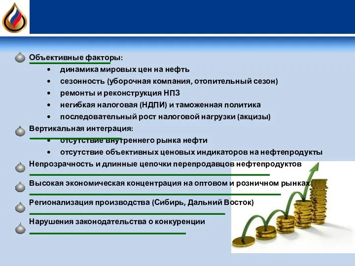 Объективные факторы: динамика мировых цен на нефть сезонность (уборочная компания,