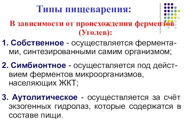 Типы пищеварения: В зависимости от происхождения ферментов (Уголев): 1. Собственное