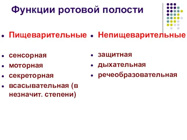 Функции ротовой полости Пищеварительные сенсорная моторная секреторная всасывательная (в незначит. степени) Непищеварительные защитная дыхательная речеобразовательная