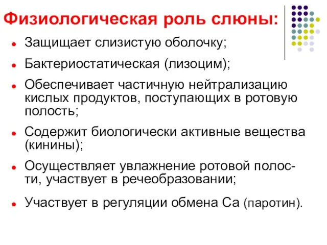 Физиологическая роль слюны: Защищает слизистую оболочку; Бактериостатическая (лизоцим); Обеспечивает частичную