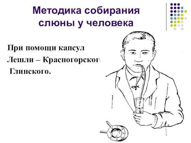 Методика собирания слюны у человека При помощи капсул Лешли – Красногорского, Глинского.