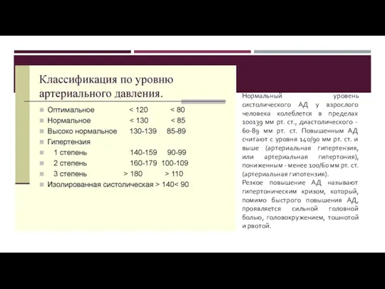 Нормальный уровень систолического АД у взрослого человека колеблется в пределах