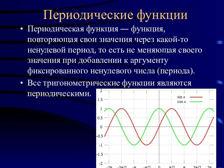 Периодические функции Периодическая функция ― функция, повторяющая свои значения через