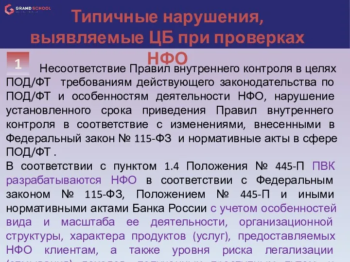 Несоответствие Правил внутреннего контроля в целях ПОД/ФТ требованиям действующего законодательства