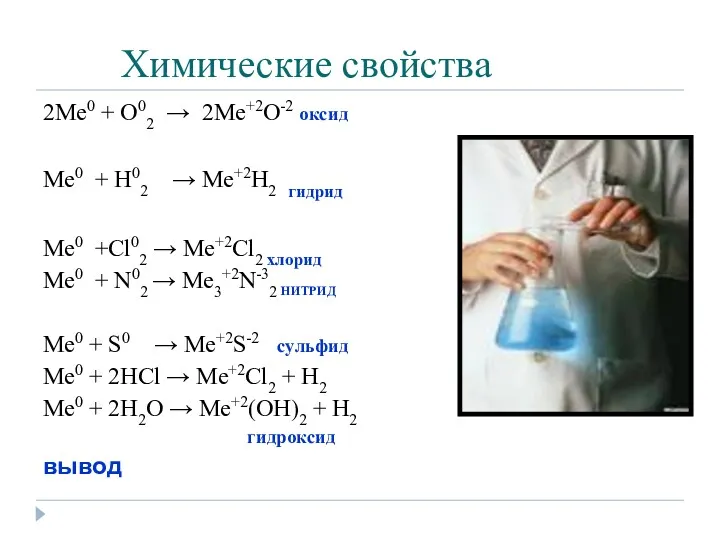 Химические свойства 2Me0 + O02 → 2Me+2O-2 оксид Me0 +