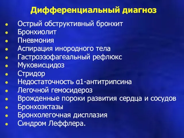 Дифференциальный диагноз Острый обструктивный бронхит Бронхиолит Пневмония Аспирация инородного тела