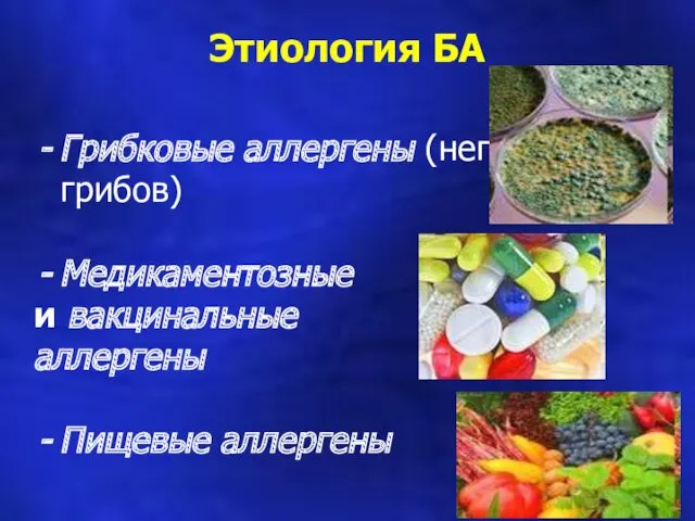 Грибковые аллергены (непатогенных грибов) Медикаментозные и вакцинальные аллергены Пищевые аллергены Этиология БА
