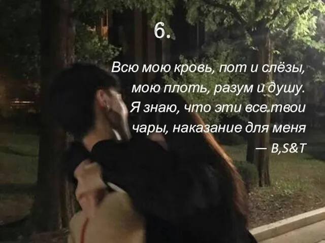 6. Всю мою кровь, пот и слёзы, мою плоть, разум и душу. Я