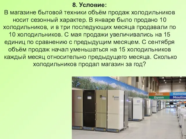 8. Условие: В ма­га­зи­не бы­то­вой тех­ни­ки объём про­даж хо­ло­диль­ни­ков носит се­зон­ный характер. В