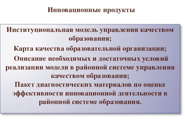 Инновационные продукты Институциональная модель управления качеством образования; Карта качества образовательной