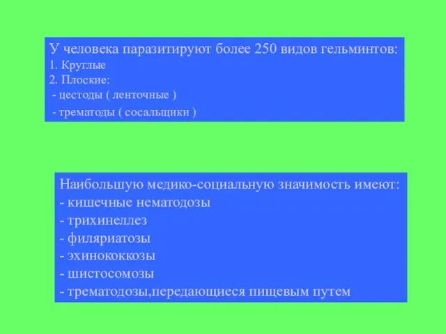 У человека паразитируют более 250 видов гельминтов: 1. Круглые 2.