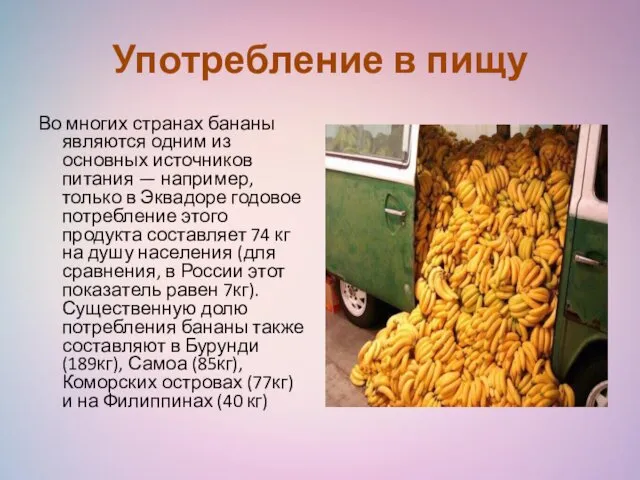Употребление в пищу Во многих странах бананы являются одним из