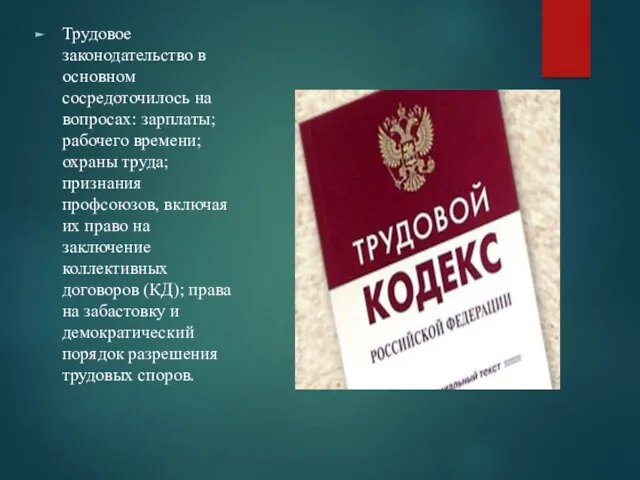 Трудовое законодательство в основном сосредоточилось на вопросах: зарплаты; рабочего времени;