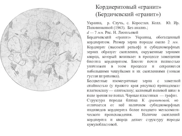 Кордиеритовый «гранит» (Бердичевский «гранит») Украина, р. Случь, с. Коростки. Колл.