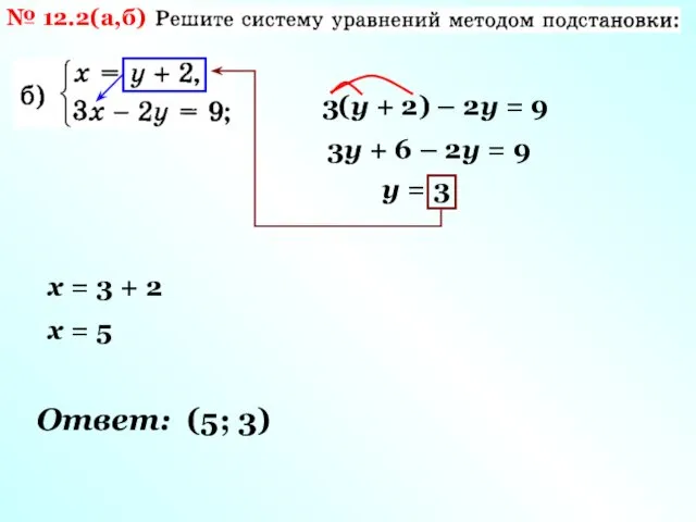 № 12.2(а,б) 3(у + 2) – 2у = 9 3у