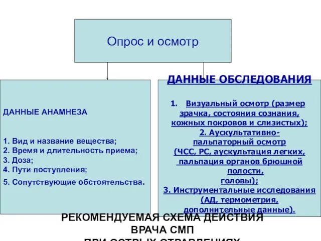 Опрос и осмотр ДАННЫЕ АНАМНЕЗА 1. Вид и название вещества; 2. Время и