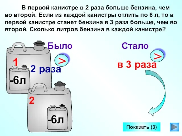 В первой канистре в 2 раза больше бензина, чем во