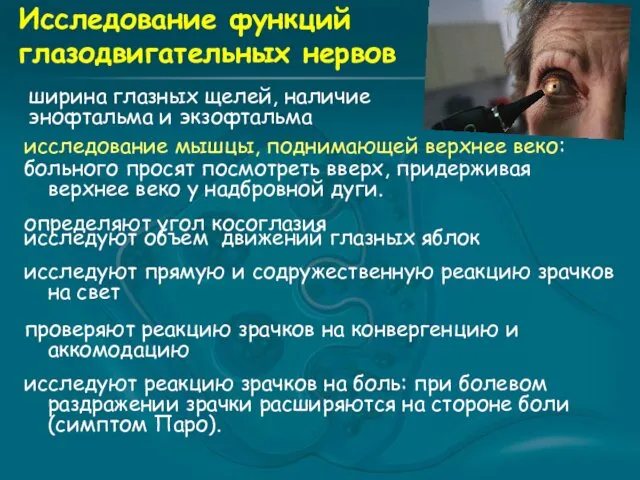 Исследование функций глазодвигательных нервов исследование мышцы, поднимающей верхнее веко: больного