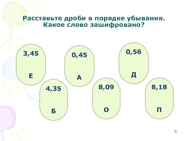 Расставьте дроби в порядке убывания. Какое слово зашифровано? 3,45 Е