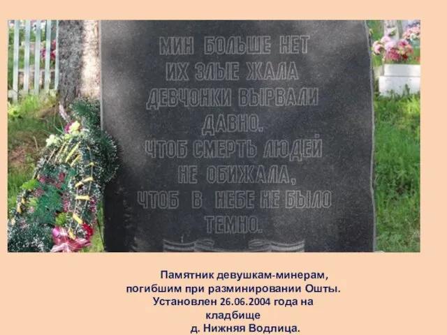 Памятник девушкам-минерам, погибшим при разминировании Ошты. Установлен 26.06.2004 года на кладбище д. Нижняя Водлица.