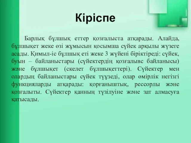 Кіріспе Барлық бұлшық еттер қозғалыста атқарады. Алайда, бұлшықет жеке өзі