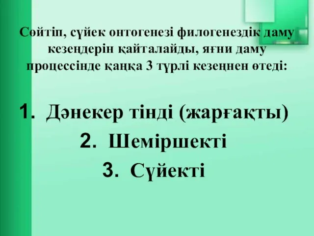 Сөйтіп, сүйек онтогенезі филогенездік даму кезеңдерін қайталайды, яғни даму процессінде