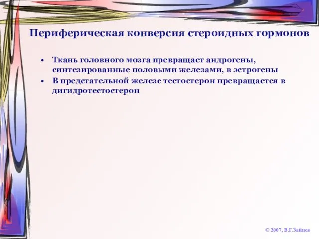 Периферическая конверсия стероидных гормонов Ткань головного мозга превращает андрогены, синтезированные