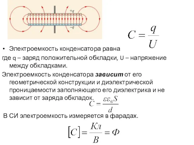 Электроемкость конденсатора равна где q – заряд положительной обкладки, U