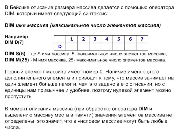 В Бейсике описание размера массива делается с помощью оператора DIM,