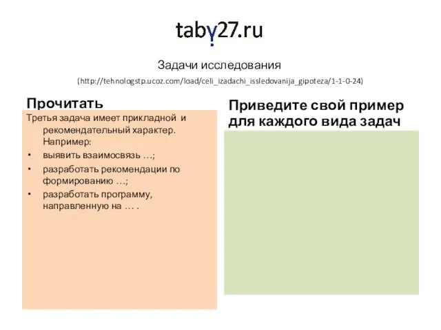 Задачи исследования (http://tehnologstp.ucoz.com/load/celi_izadachi_issledovanija_gipoteza/1-1-0-24) Прочитать Третья задача имеет прикладной и рекомендательный