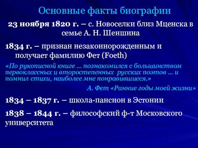 Основные факты биографии 23 ноября 1820 г. – с. Новоселки