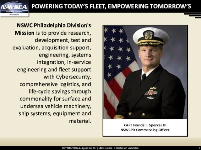 POWERING TODAY’S FLEET, EMPOWERING TOMORROW’S NSWC Philadelphia Division's Mission is