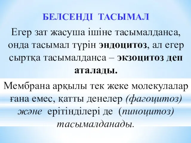 БЕЛСЕНДІ ТАСЫМАЛ Егер зат жасуша ішіне тасымалданса, онда тасымал түрін